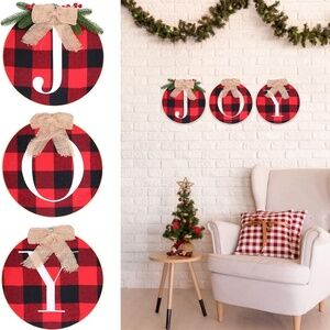 JOY Plaid Wreath or Wall Hanging Christmas Decorations - Rustic Burlap Bow